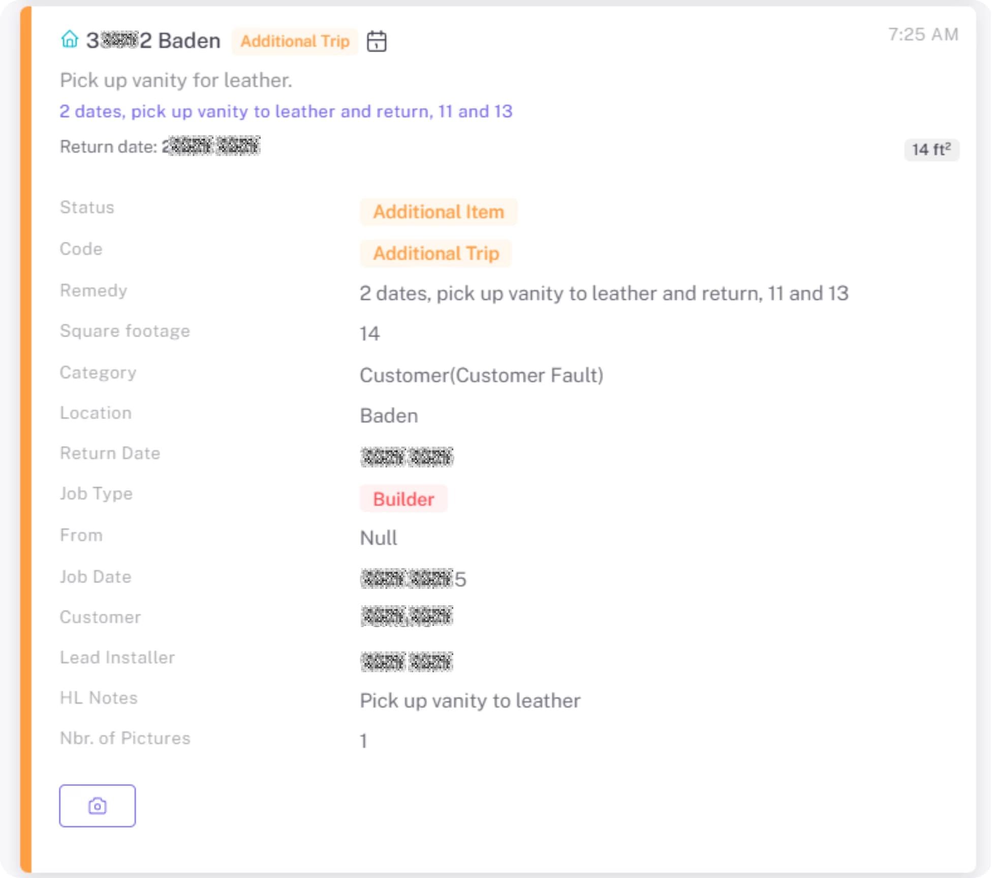 LATO AI Armina Stone service ticket detail view showing job information, status, remedy, customer data, and installer notes for construction reporting automation