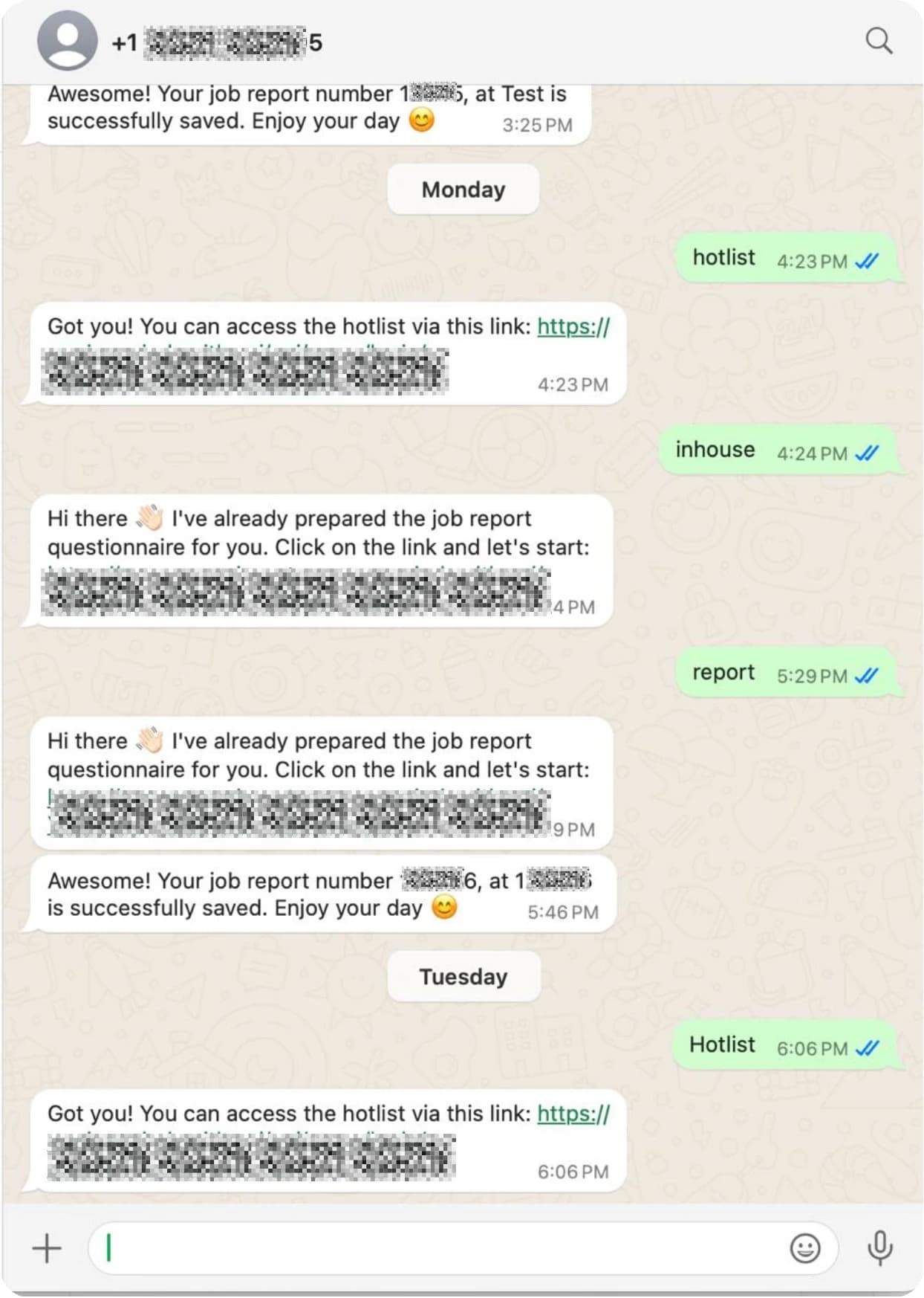 LATO AI Armina Stone WhatsApp bot showing automated job report confirmations and hotlist access links for construction projects