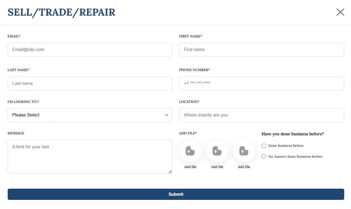 LATO AI Second Time sell trade repair form for luxury watches with fields for customer details, location, watch information, file upload, and business history