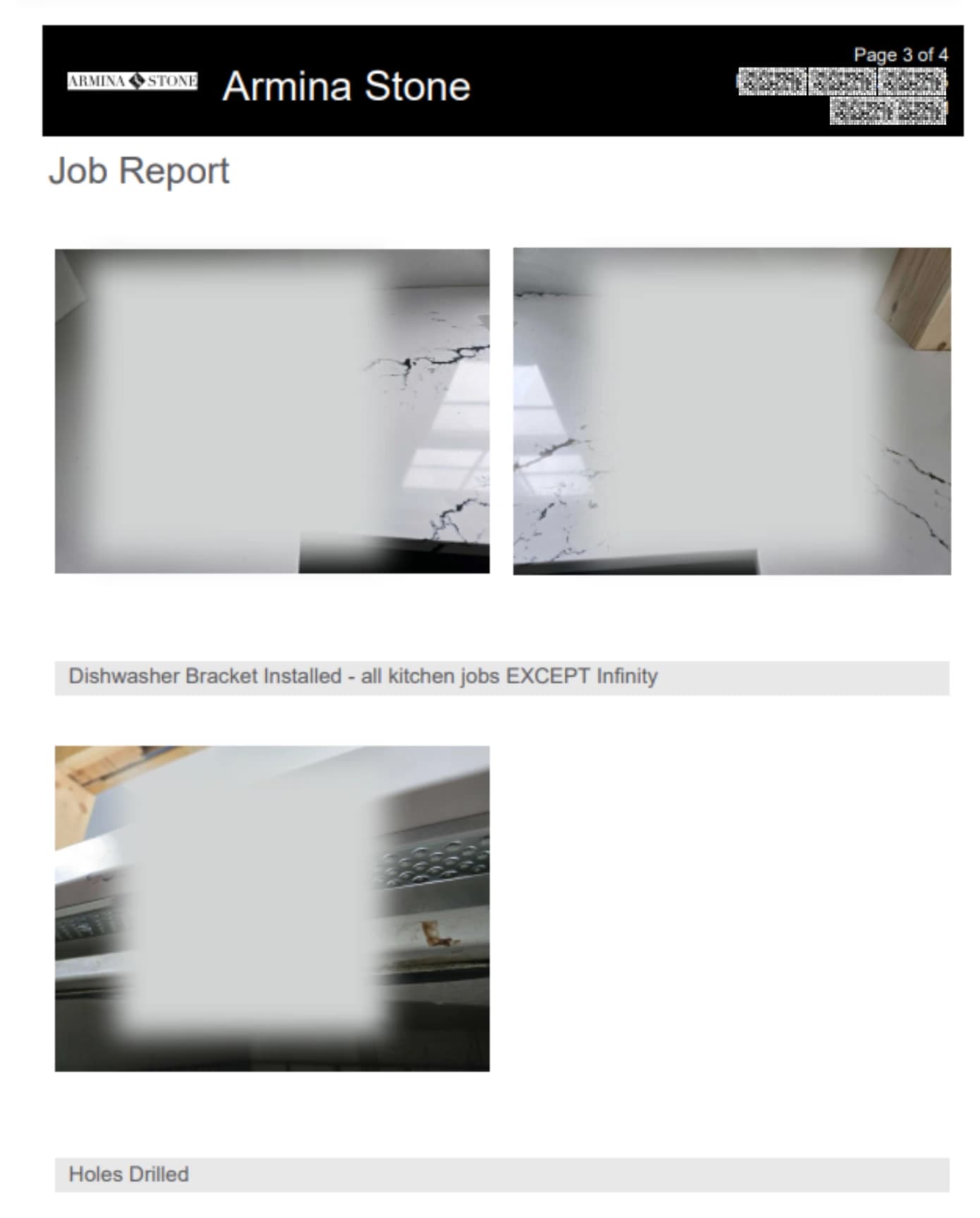 LATO AI Armina Stone job report with project photos showing countertop installation, dishwasher bracket setup, and drilled holes for construction quality tracking