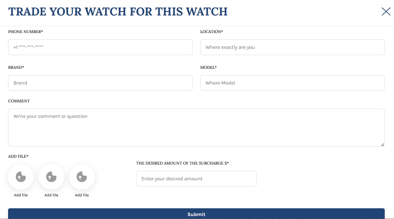 LATO AI Second Time trade your watch form allowing users to exchange their luxury watch by submitting brand, model, photos, and surcharge details in AI-powered watch marketplace