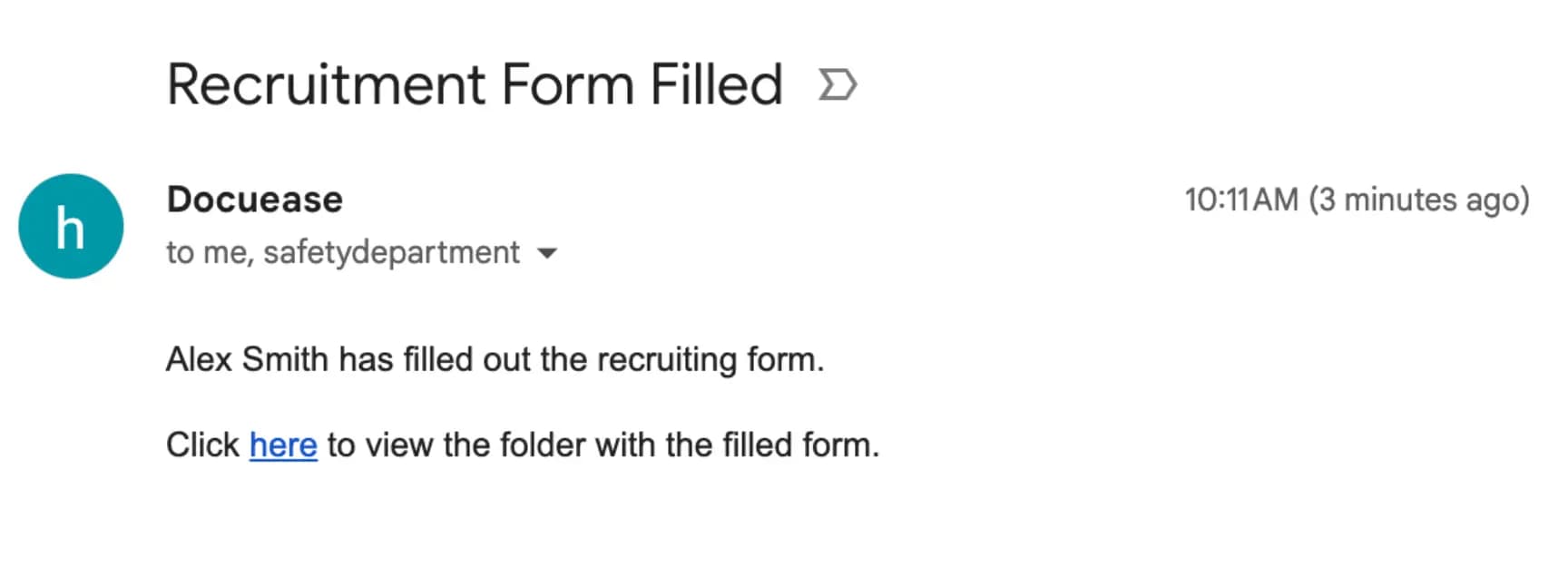 LATO AI Maybach Global automated email notification showing recruitment form filled and stored in document management system for logistics compliance