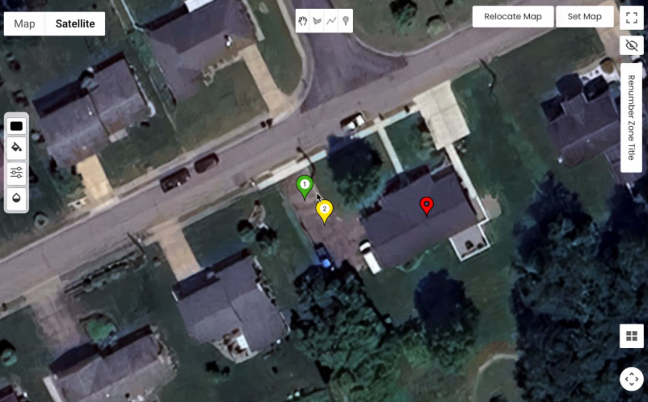 LATO AI The Pavement Group issues map screenshot displaying a satellite view with pinned assessment zones, color-coded markers (green, yellow, red) for pavement conditions, and mapping tools for site analysis.