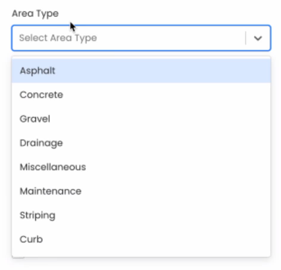 ChatGPT said: LATO AI The Pavement Group dropdown menu for Area Type selection, including options such as Asphalt, Concrete, Gravel, Drainage, Miscellaneous, Maintenance, Striping, and Curb for pavement zone classification.