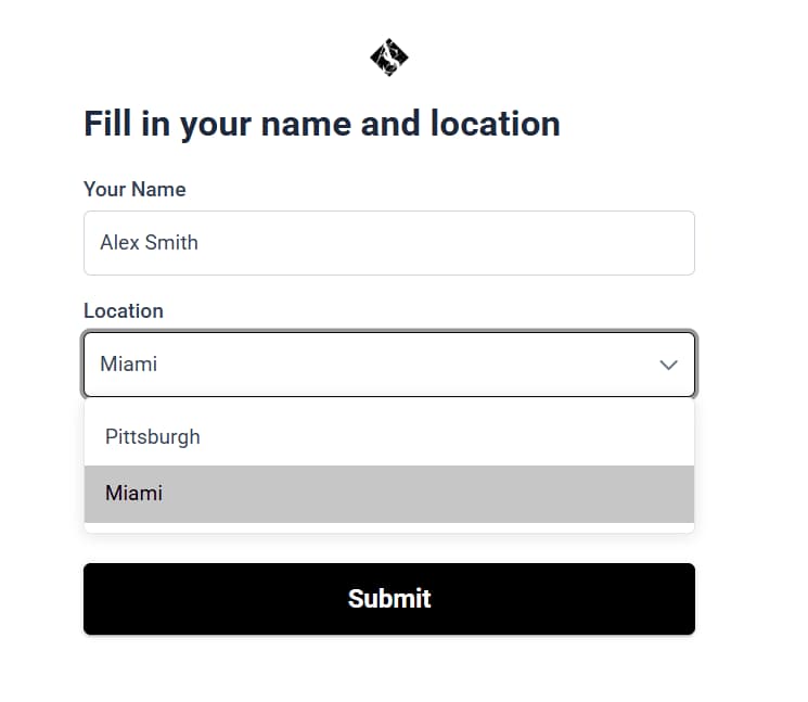LATO AI Armina Stone job reporting form where users enter name and select project location for construction workflow automation