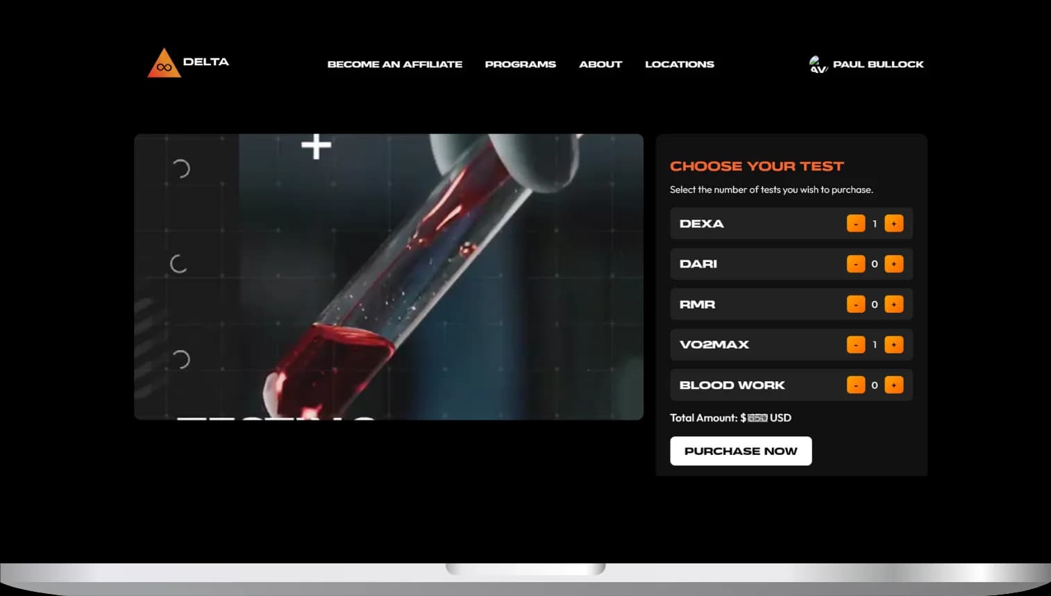 LATO AI Delta online platform checkout screen with test selection options for Dexa, DARI, RMR, VO2 Max, and blood work, alongside purchase summary and payment button.