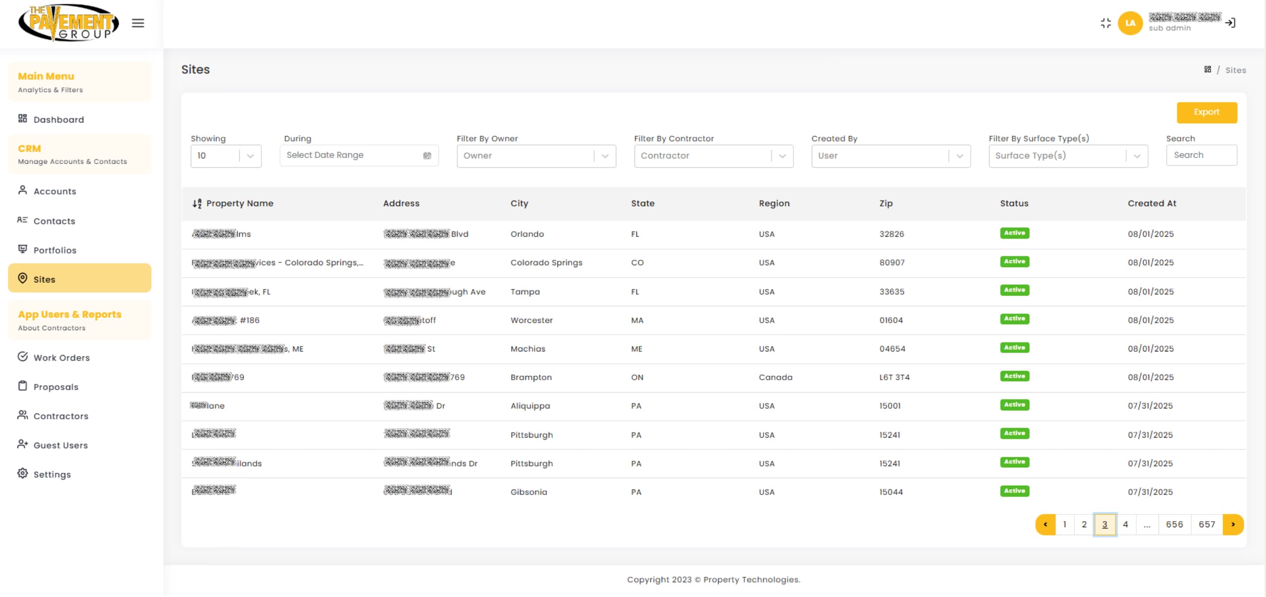 LATO AI The Pavement Group dashboard screenshot showing the Sites module with property names, addresses, cities, states, zip codes, status, and creation dates for active pavement management projects.