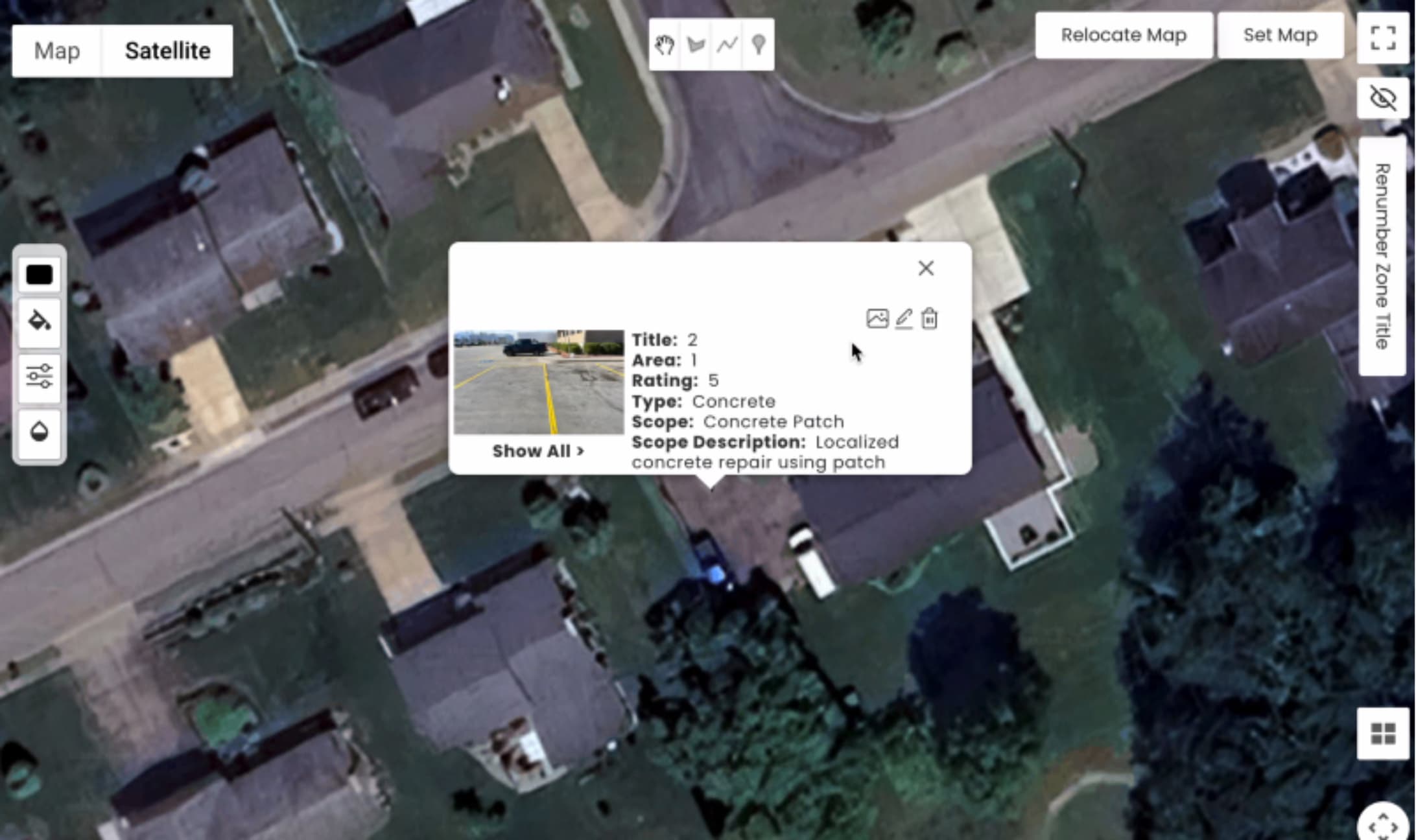 LATO AI The Pavement Group satellite issues map screenshot displaying zone details with title, area, rating, and type marked as concrete patch, including localized repair scope description and attached pavement condition photo for AI-powered site assessment.