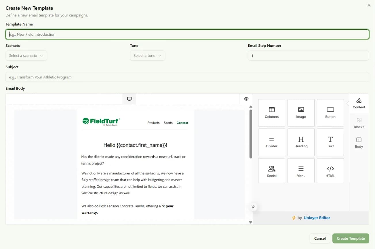 LATO AI FieldTurf platform screenshot of create new email template editor with subject, scenario, tone, and content blocks, enabling AI-powered outreach customization and personalized communication.