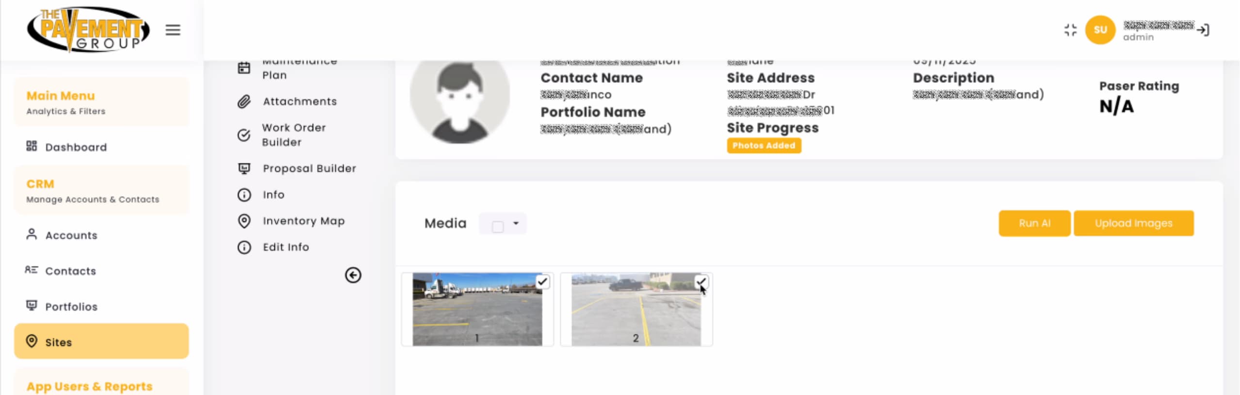 LATO AI The Pavement Group dashboard screenshot showing site assessment media upload, with progress marked as “Photos Added” and options to run AI analysis or upload new images for pavement condition evaluation.