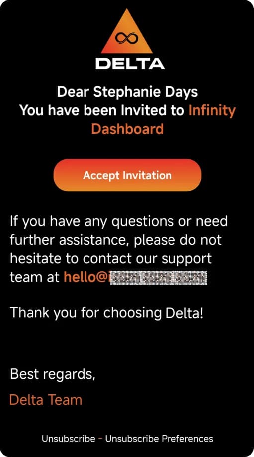 LATO AI Delta invitation email for new user access to the Infinity Dashboard with support contact details and accept invitation button.