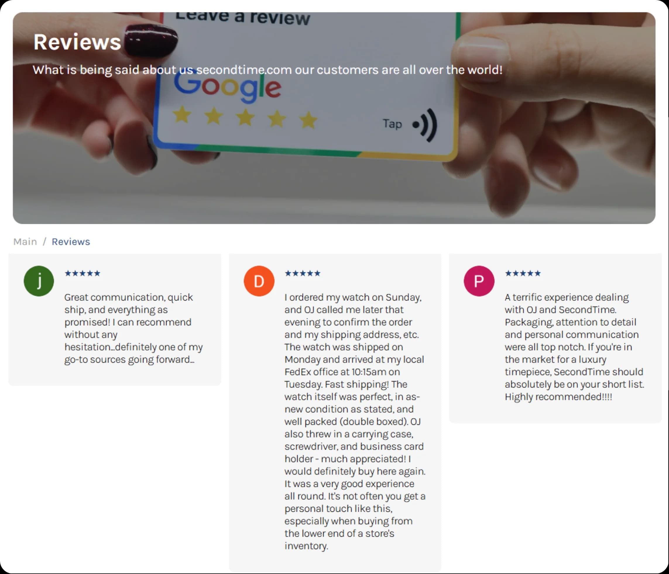 LATO AI Second Time customer reviews page showing 5-star ratings and testimonials about luxury watch purchases