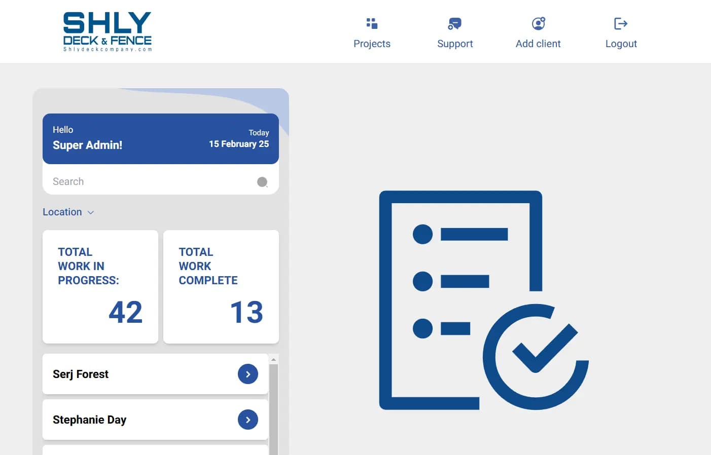 LATO AI Shly Deck & Fence admin dashboard showing construction job reporting with total work in progress and completed tasks