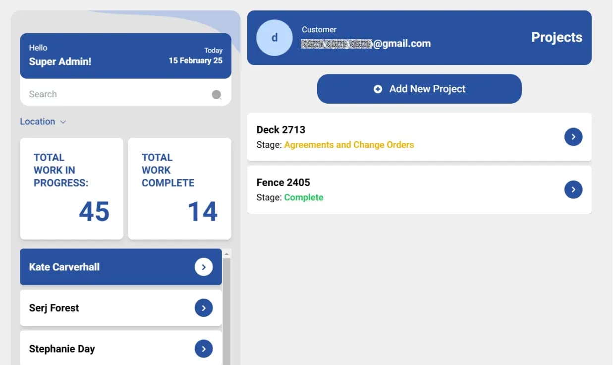 LATO AI Shly Deck & Fence projects dashboard showing active construction jobs with progress status and completion stages