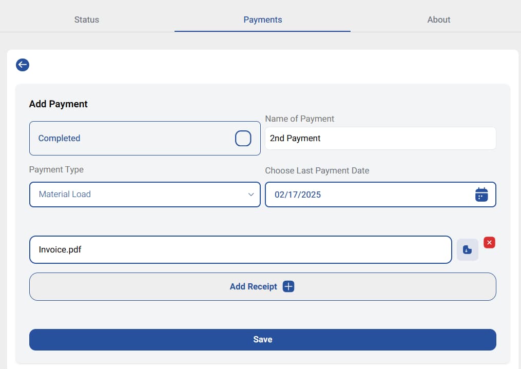 LATO AI Shly Deck & Fence payments dashboard showing add payment form with material load, invoice upload, and receipt management for construction projects