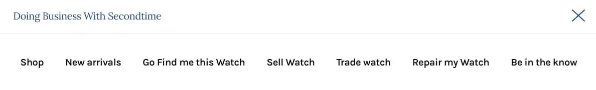LATO AI Second Time website navigation menu with links to shop luxury watches, new arrivals, find a watch, sell watch, trade watch, repair watch, and be in the know