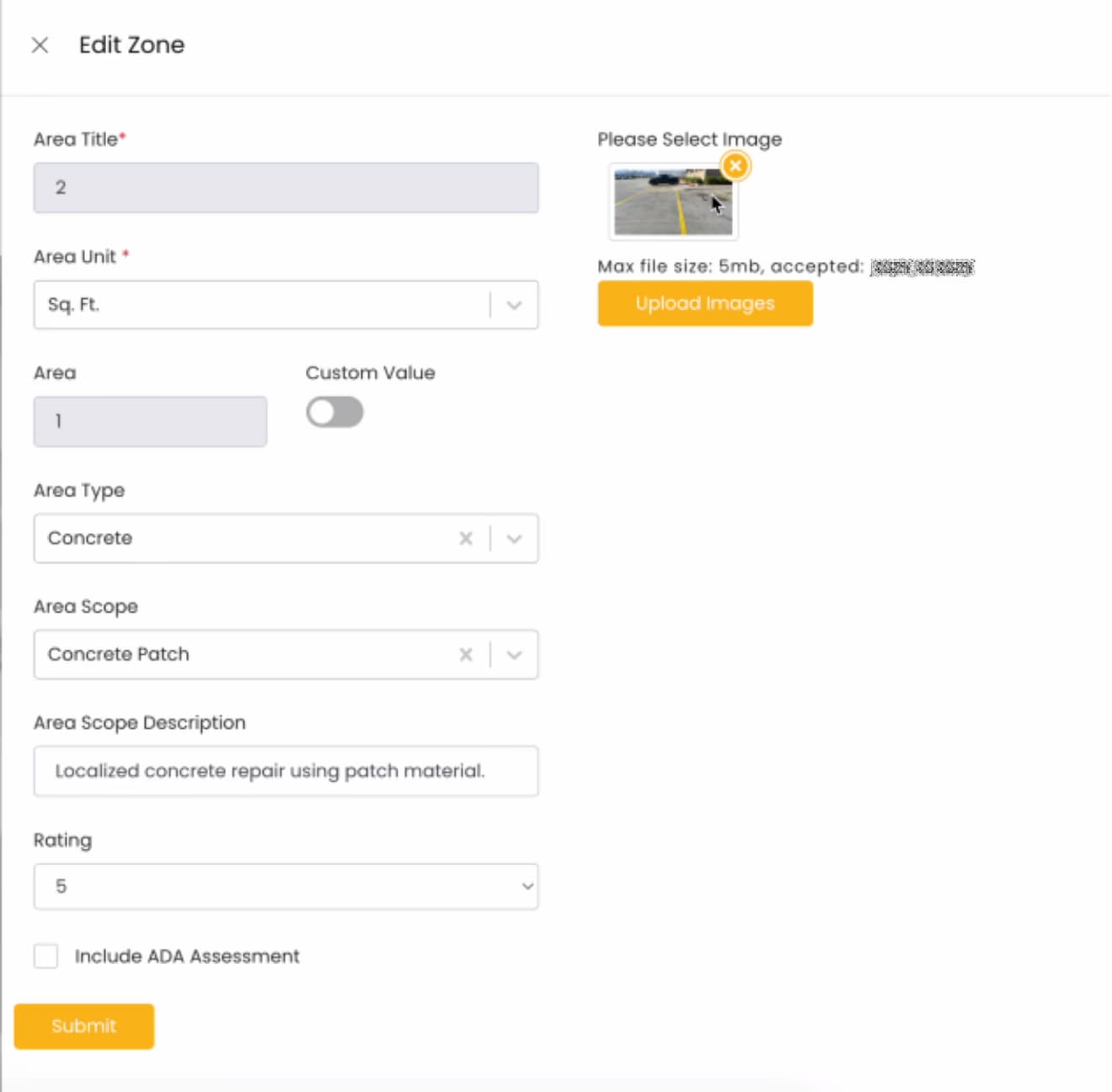 LATO AI The Pavement Group edit zone form screenshot showing concrete patch assessment details with rating, area scope description, and uploaded pavement condition image for AI-powered site evaluation.