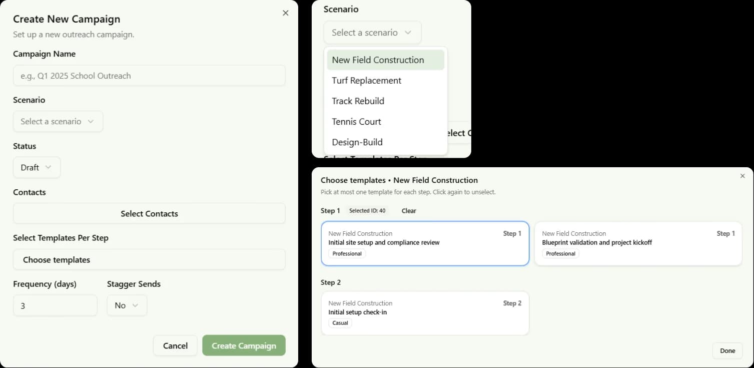 LATO AI FieldTurf platform screenshot of campaign creation interface with scenario selection, templates, and frequency settings, showcasing AI-powered outreach automation and workflow customization.