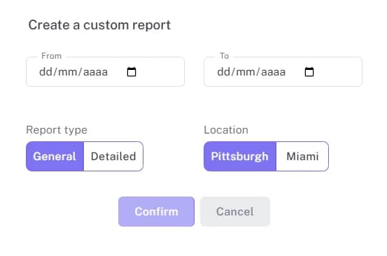 LATO AI Armina Stone custom report creation screen with date range, report type, and location options for automated construction reporting
