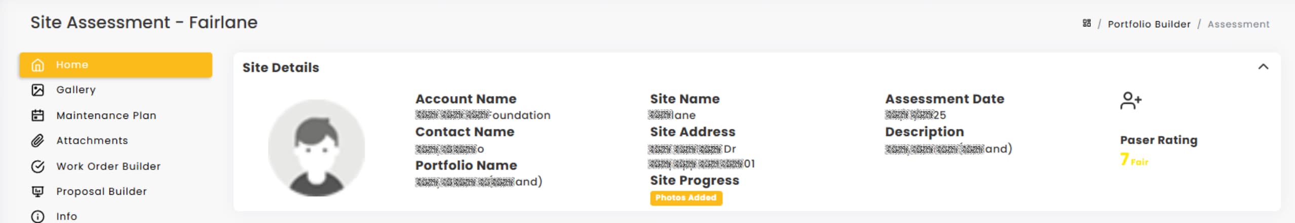 LATO AI The Pavement Group site assessment dashboard screenshot showing Fairlane project details with account, contact, address, photos added, and PASER rating of 7 marked as fair condition for pavement evaluation.