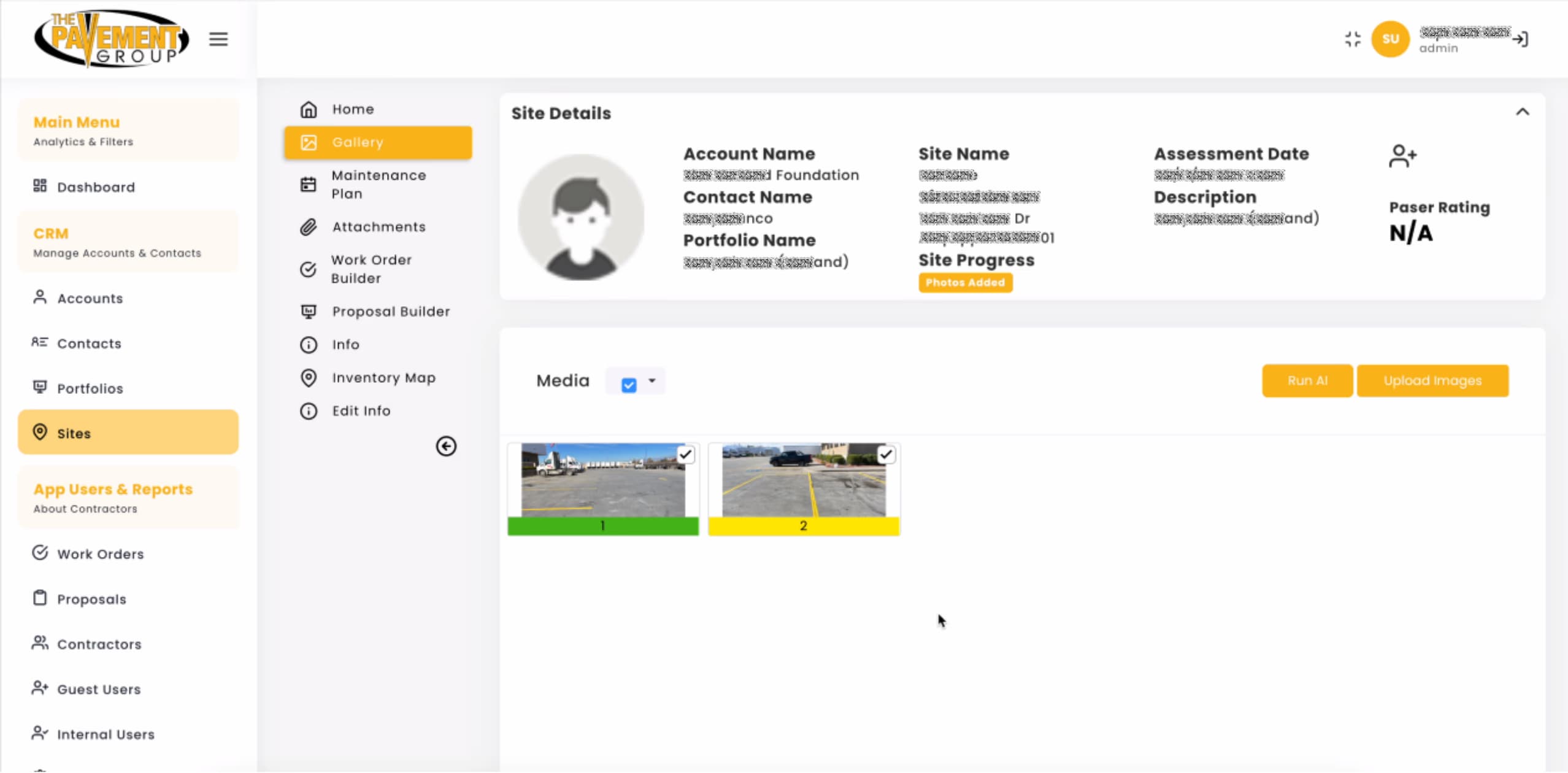 ChatGPT said: LATO AI The Pavement Group dashboard screenshot displaying site assessment details with media gallery, including uploaded pavement photos labeled with colored status indicators and an option to run AI analysis.