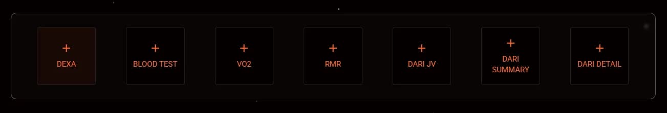 LATO AI Delta dashboard module selection panel with options for Dexa, blood test, VO2, RMR, and DARI performance reports.