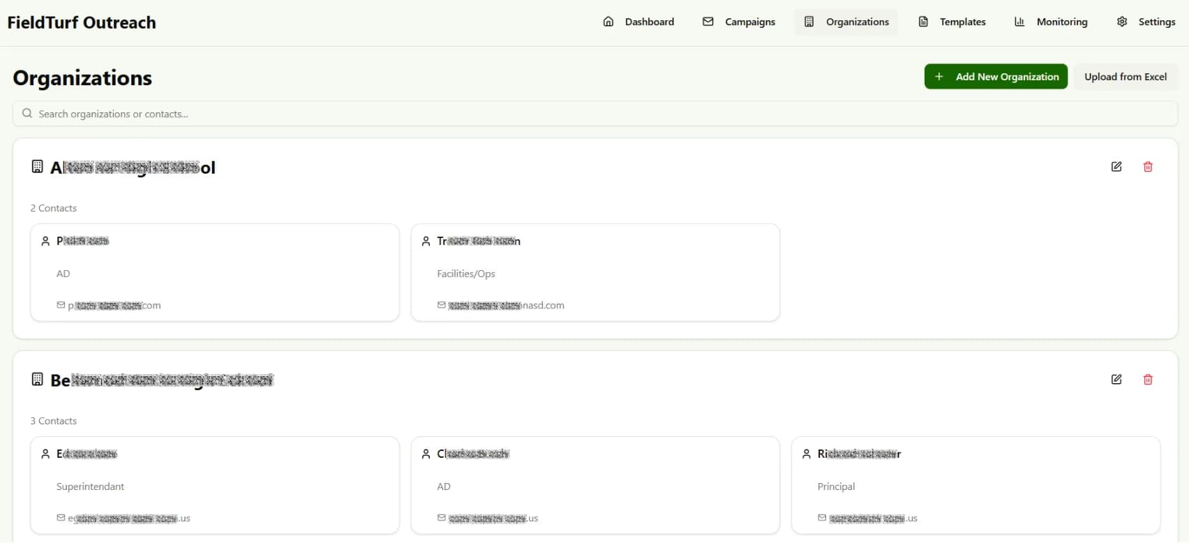 LATO AI FieldTurf platform screenshot showing organizations dashboard with multiple contacts, supporting AI-powered outreach management and centralized communication.