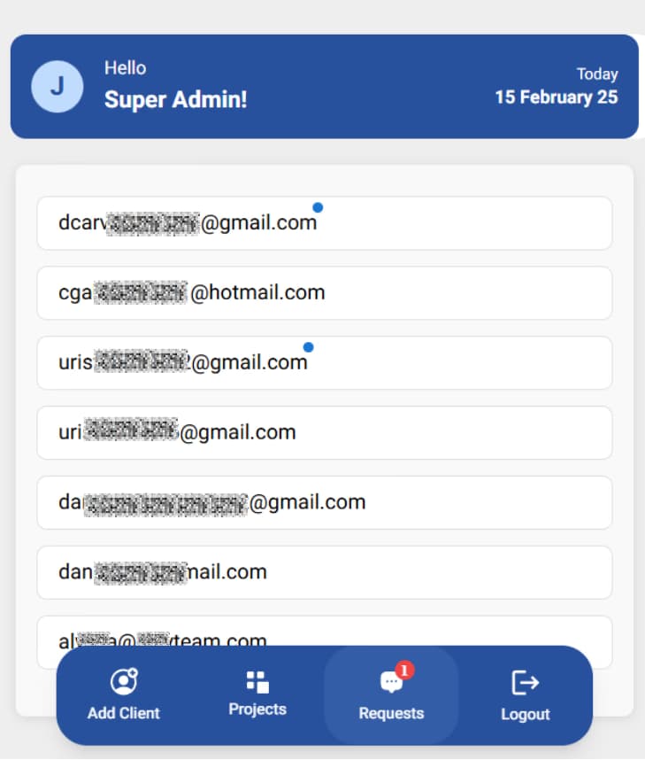 LATO AI Shly Deck & Fence admin dashboard showing client email accounts and user management options for construction reporting platform