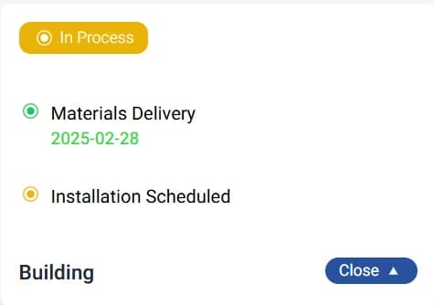 LATO AI Shly Deck & Fence building stage dashboard showing materials delivery and scheduled installation for construction projects