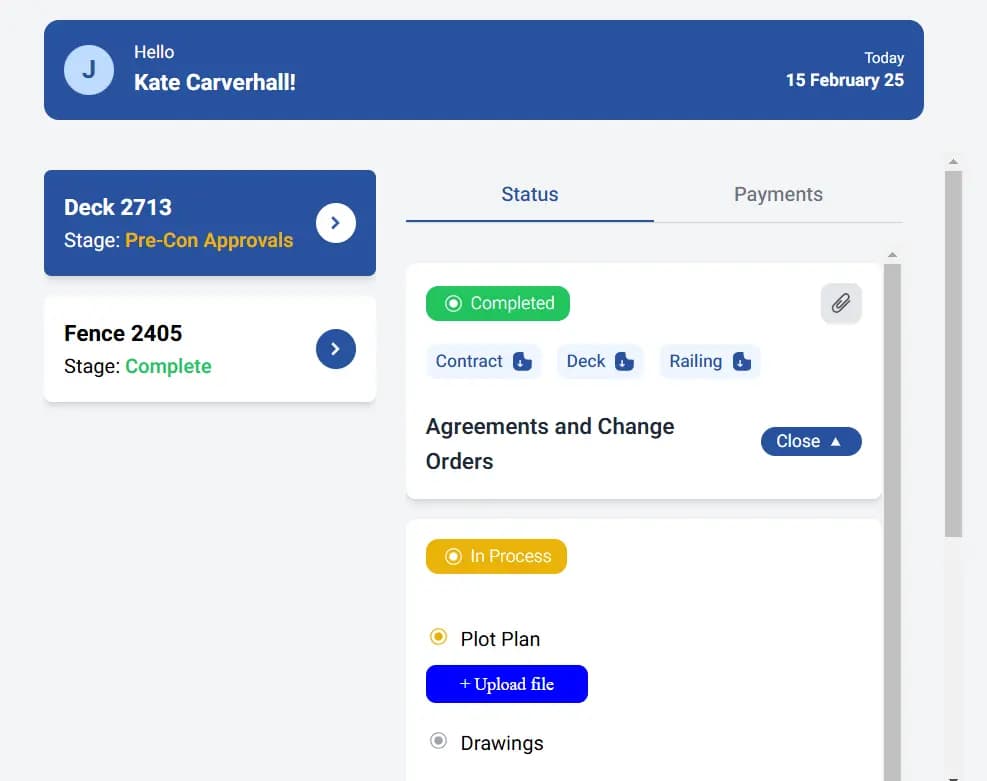 LATO AI Shly Deck & Fence client project status dashboard showing completed agreements, in-process plot plan, and construction progress tracking