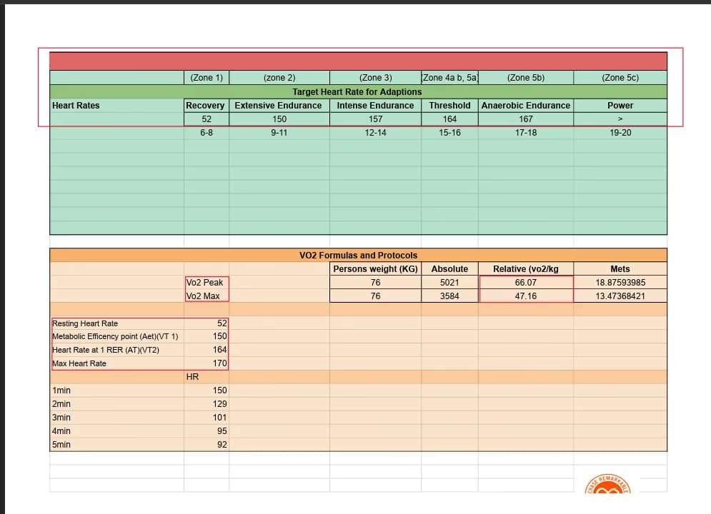 LATO AI Delta VO2 Max report sheet displaying target heart rate zones, endurance thresholds, VO2 formulas, and performance metrics for fitness analysis.