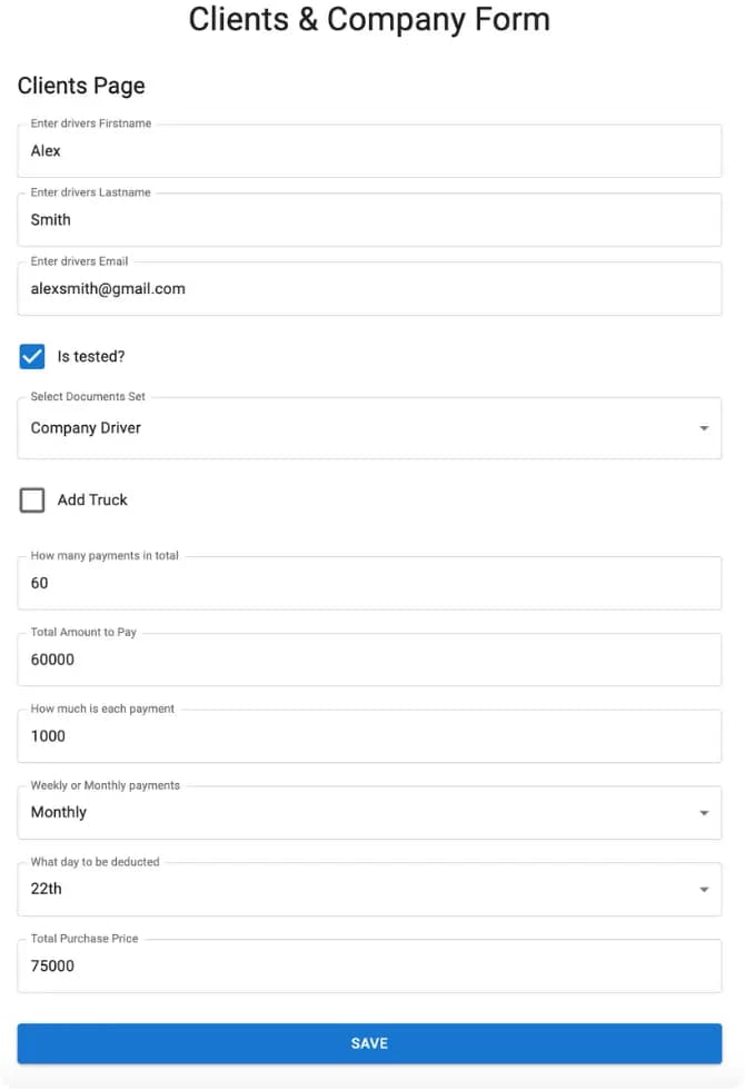 LATO AI Maybach Global clients and company form showing driver details, document selection, truck assignment, and automated payment setup for logistics management