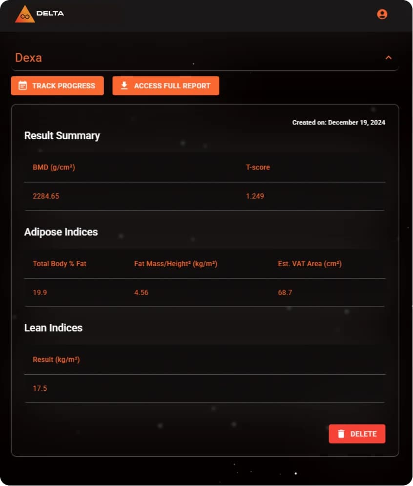 LATO AI Delta Dexa results dashboard showing bone density (BMD), T-score, body fat percentage, fat mass index, visceral fat estimate, and lean indices for health performance tracking.
