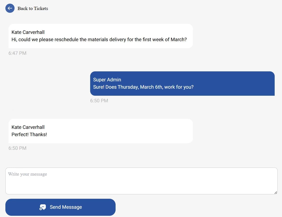 LATO AI Shly Deck & Fence ticket messaging system showing client and admin communication for rescheduling construction material delivery