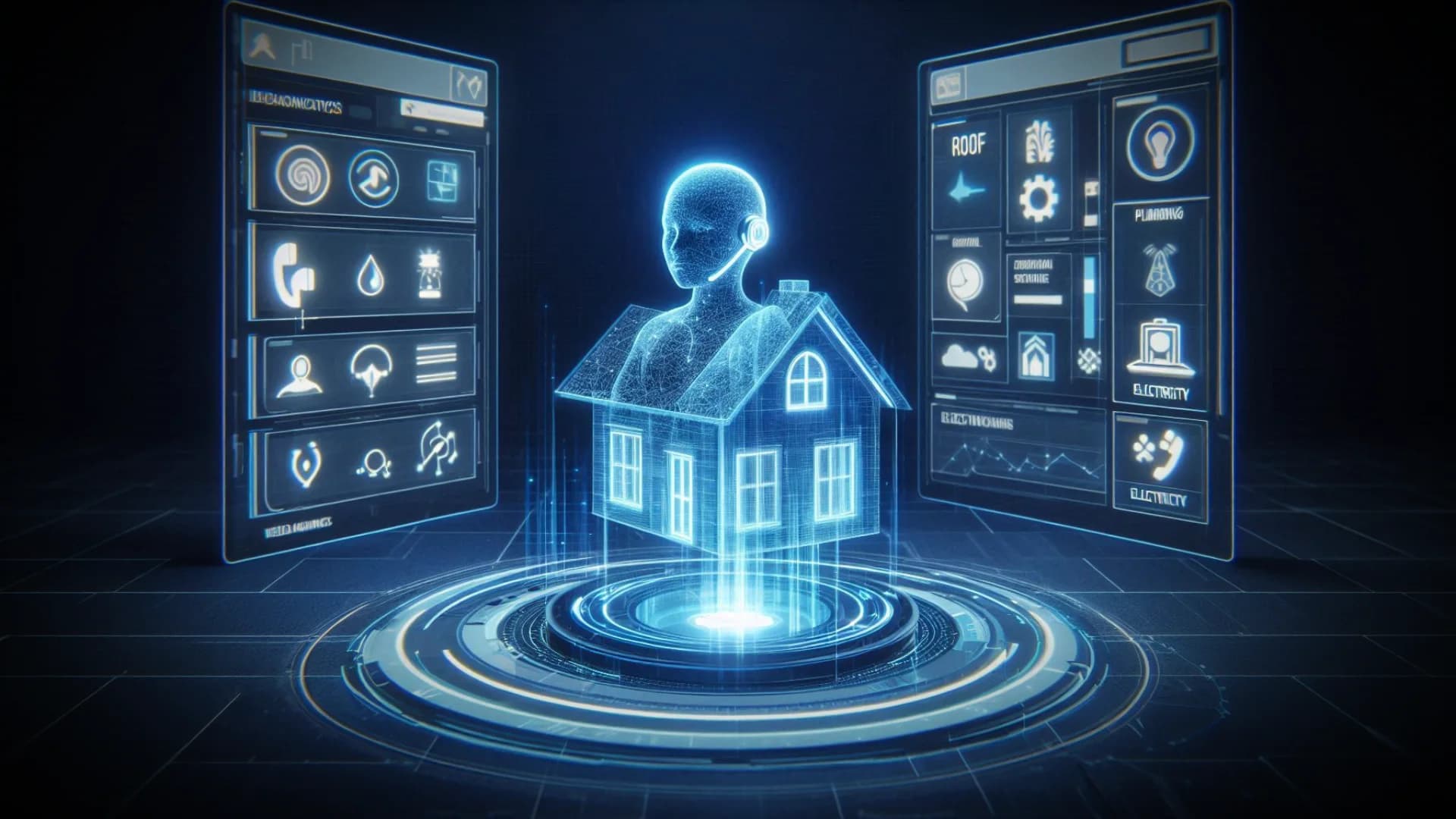 LATO AI Maronda Homes futuristic digital interface displaying a holographic house with AI assistant, representing intelligent warranty claim triage and service ticket automation for home construction management.