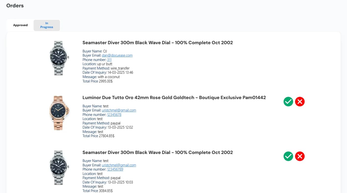 LATO AI Second Time admin dashboard orders in progress view showing watch orders with buyer details, payment method, date of inquiry and approval buttons