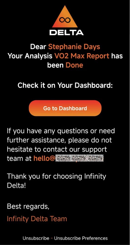 LATO AI Delta notification email confirming completion of VO2 Max analysis report with dashboard access link and support contact details.
