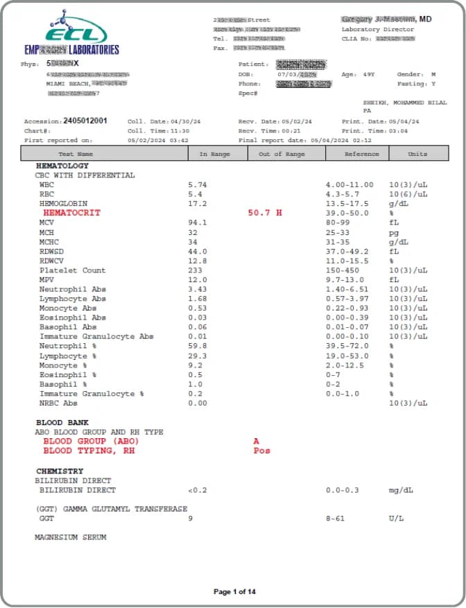 LATO AI Delta integrated blood test report showing hematology, blood group, and chemistry results for comprehensive health diagnostics.
