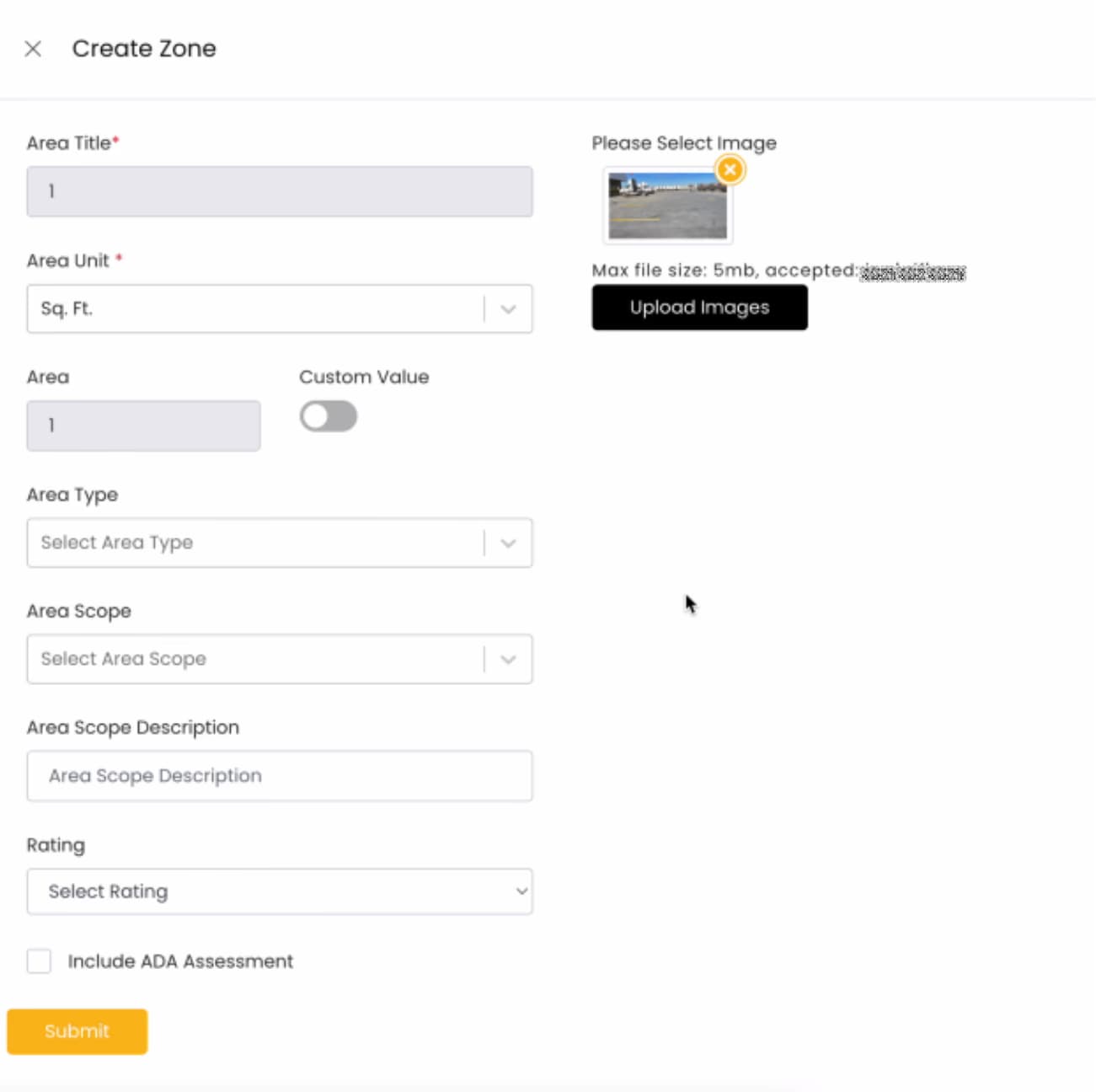 LATO AI The Pavement Group Create Zone form interface for defining pavement areas, including fields for title, unit, type, scope, description, rating, ADA assessment option, and image upload for site documentation.