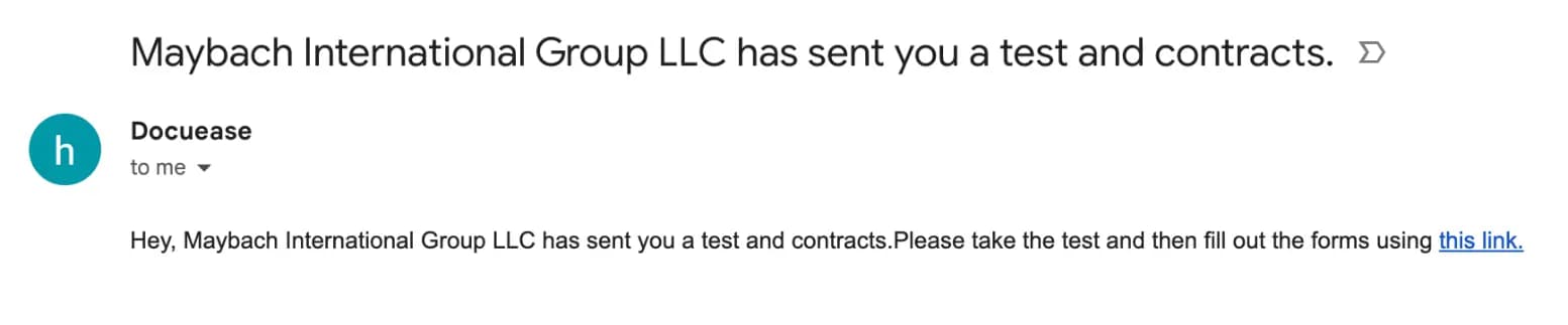 LATO AI Maybach Global automated email notification sending test and contracts with link for drivers to complete digital onboarding process