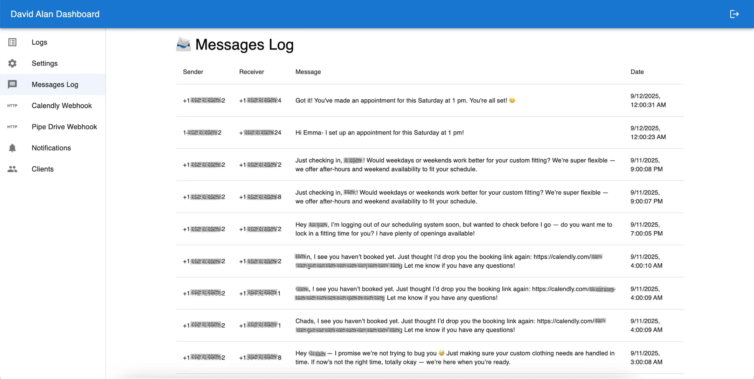 LATO AI David Alan dashboard messages log screen showing automated SMS reminders, booking confirmations, and client follow-ups for custom suit fittings.