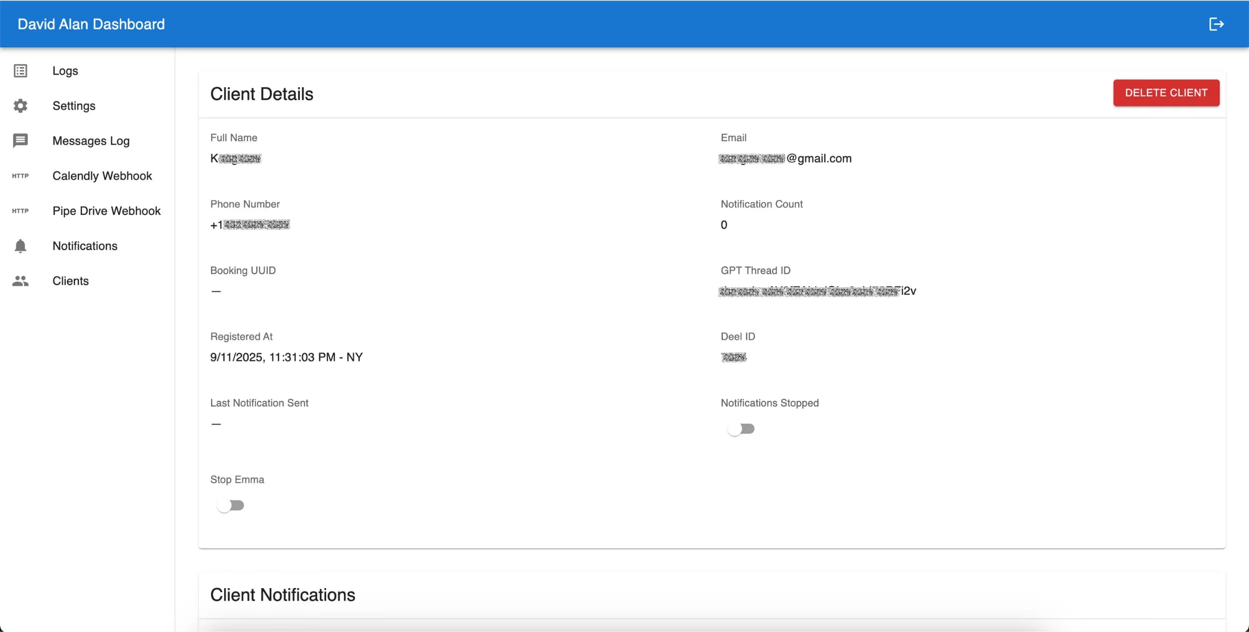 LATO AI David Alan dashboard client details view showing full name, email, phone number, registration date, notification count, and options to stop notifications or delete client.