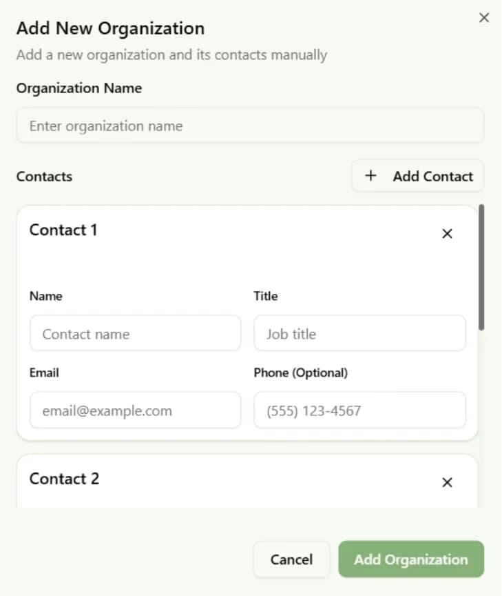 LATO AI FieldTurf platform screenshot of add new organization form with contact details, enabling AI-powered outreach setup and centralized data management.