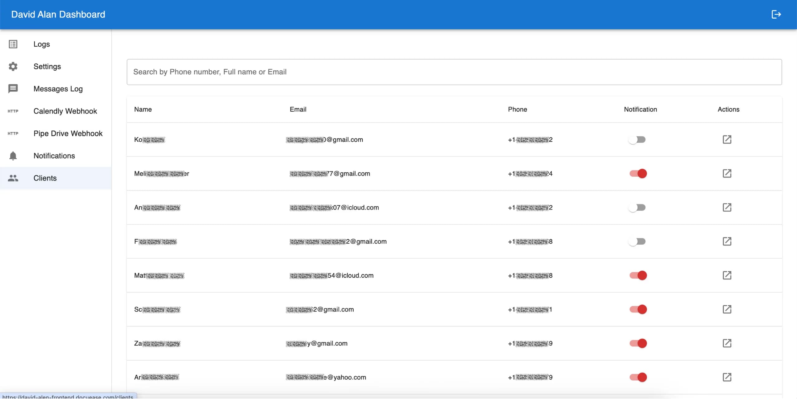 LATO AI David Alan dashboard client management screen, displaying a searchable client list with name, email, phone, notification toggle switches, and quick access action icons.