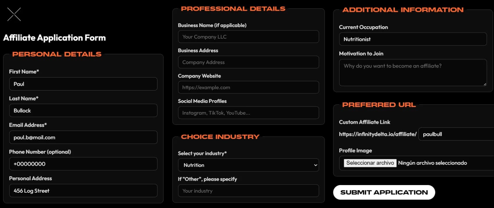 ChatGPT said: LATO AI Delta affiliate application form with sections for personal details, professional information, industry choice, motivation to join, and custom affiliate URL submission.