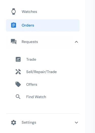 LATO AI Second Time admin dashboard sidebar showing menu with Watches, Orders, Requests, Trade, Sell Repair Trade, Offers, Find Watch and Settings options