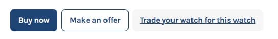LATO AI Second Time product page action buttons including buy now, make an offer, and trade your watch options in AI-powered luxury watch marketplace
