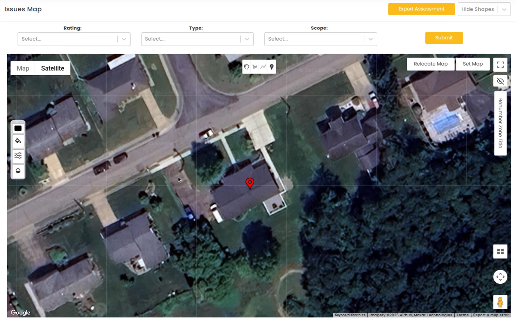 LATO AI The Pavement Group Issues Map screenshot displaying a satellite view with location pin, map controls, and filters for rating, type, and scope to support pavement condition assessments and reporting.