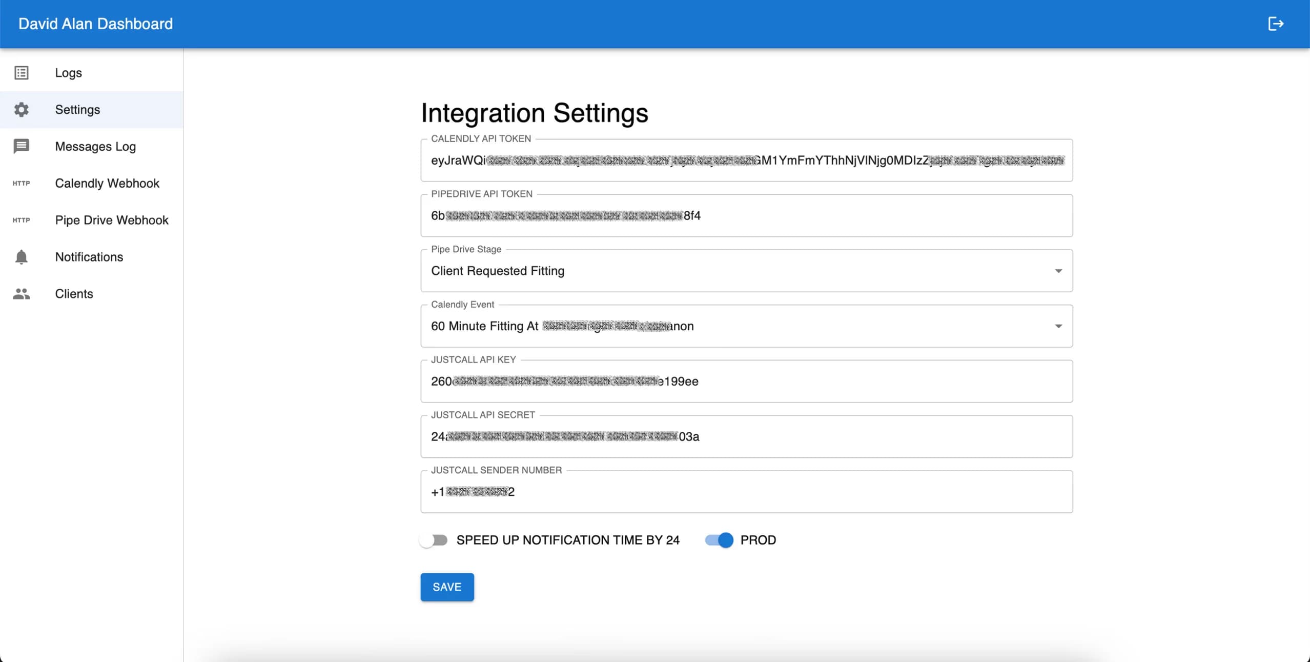 LATO AI David Alan dashboard integration settings screen showing API tokens and configuration for Calendly, Pipedrive, and JustCall to manage client fittings and notifications.