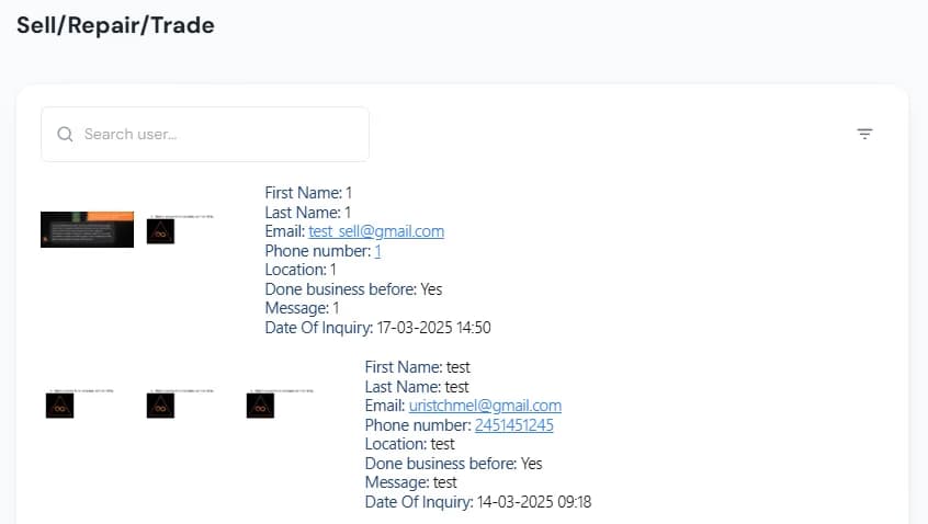 LATO AI Second Time admin dashboard Sell Repair Trade module showing customer inquiries with contact details, previous business history and attached files